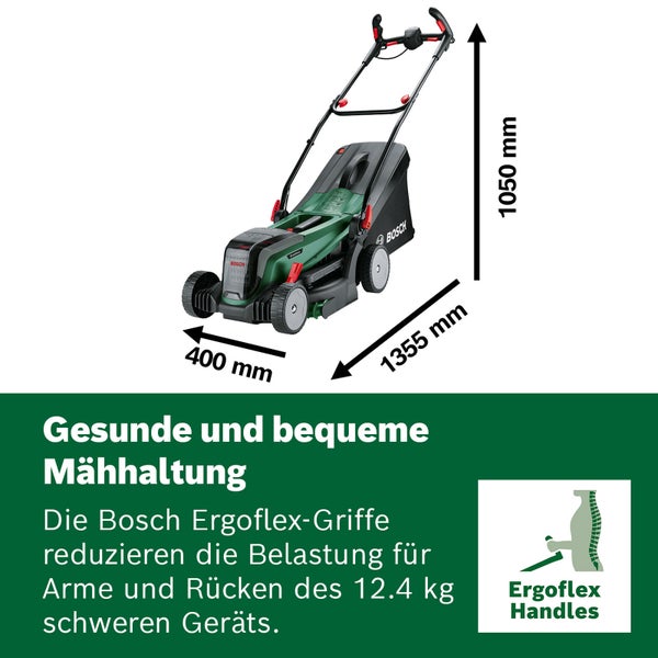 Bosch Rasenmäher mit Ergoflex-Griffen, 1355 Millimeter lang, 400 Millimeter breit, 1050 Millimeter hoch, Gewicht 12,4 Kilogramm.