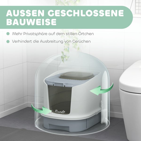 PawHut Katzentoilette mit geschlossener Bauweise in einem hellen Badezimmer mit weißen Fliesen, bietet Privatsphäre und verhindert Gerüche.