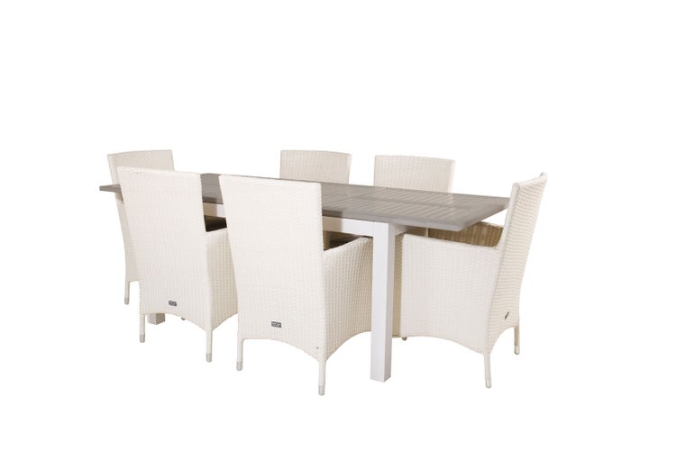 Albany Gartenset Tisch 90x160/240cm und 6 Stühle Malin weiß, grau. 90 X 160 X 75 cm