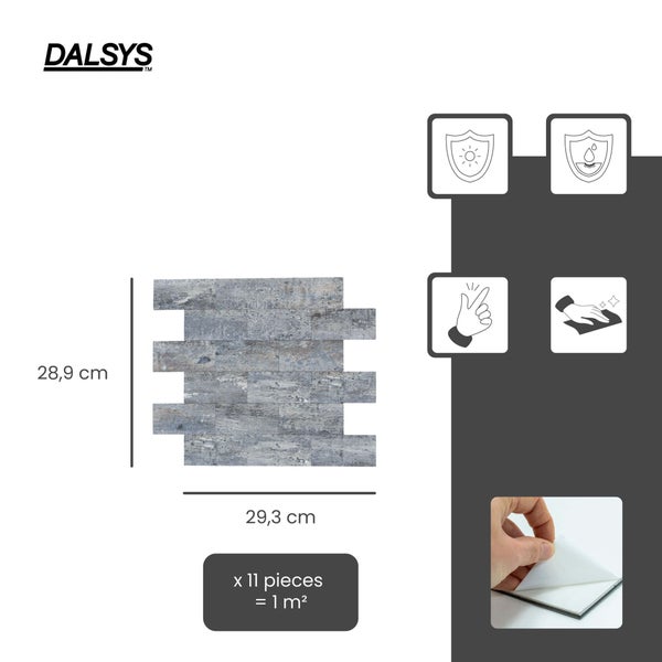 Dalsys Logo, selbstklebende Wandfliesen in Steinoptik, 28,9 mal 29,3 Zentimeter, 11 Stück für 1 Quadratmeter, UV-beständig, wasserfest und pflegeleicht.