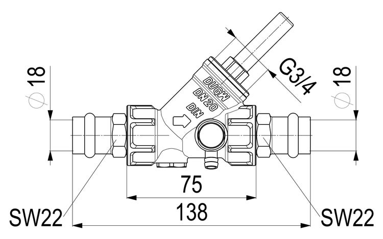 Technische Zeichnung eines Schrägsitzventils mit Maßangaben in Millimeter: Gesamtlänge 138, Anschlussdurchmesser 18 und Gewinde G drei viertel.