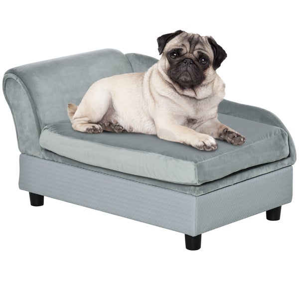 PawHut Haustiersofa mit Matte, Hundebett, Hundematte, Hundesofa mit Lagerraum, Naturholz+Plüsch, Hellgrau, 76 x 45 x 43 cm