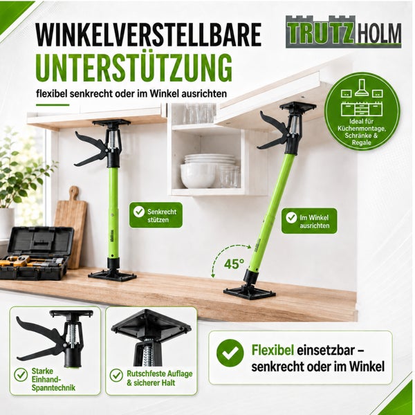 Trutz Holm winkelverstellbare Montagestütze mit Einhandbedienung zur senkrechten oder schrägen Fixierung bei der Küchenmontage und im Innenausbau.