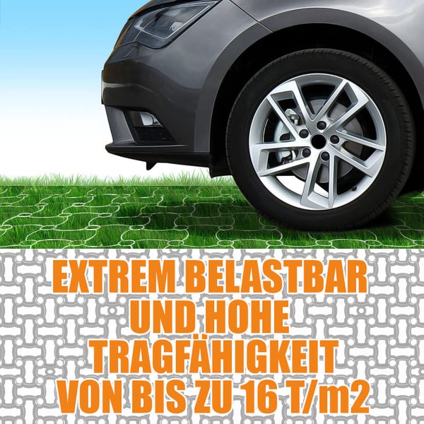 Auto auf Rasengittersteinen; hohe Belastbarkeit bis zu 16 Tonnen pro Quadratmeter