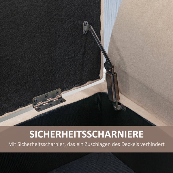 Detailansicht eines Truhenmöbels mit Sicherheitsbeschlag, der das Zuschlagen des Deckels verhindert