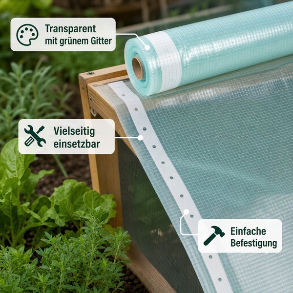 Transparente Gitterfolie auf Rolle zur Abdeckung von Frühbeeten mit verstärktem Rand zur einfachen Befestigung im Garten.