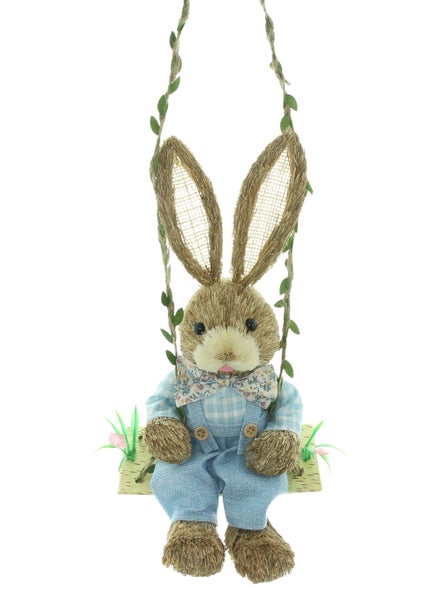 FRANK FLECHTWAREN|Hänger Schaukel-Häschen, ca. 17 x 16 x 32 cm, GH 52 cm, KUNSTSTOFF, STROH, TEXTIL, KUNSTFELL