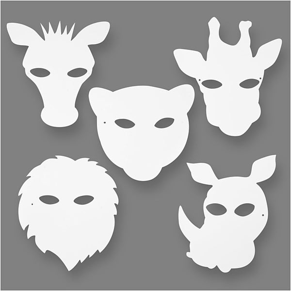 Creativ Company  Dschungeltier-Masken, H 22,5-25 cm, B 20,5-22,5 cm, 230 g, Weiß, 16 Stk
