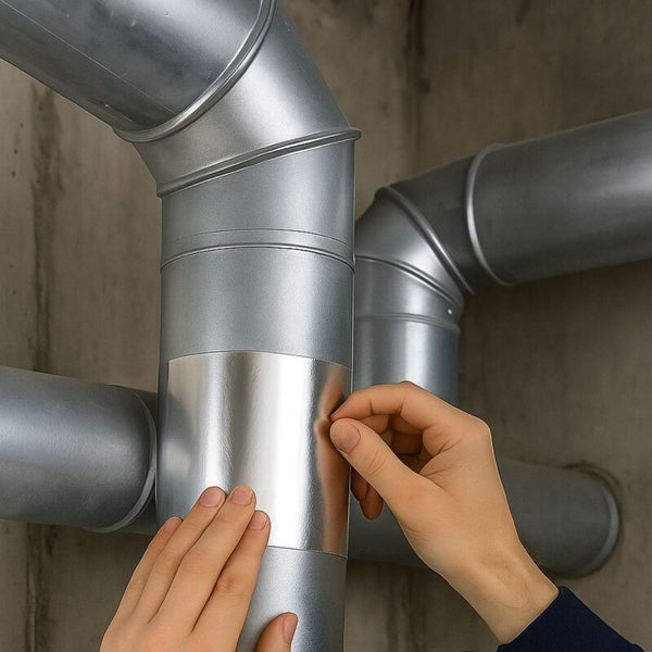 Person befestigt Aluminiumklebeband an Lüftungsrohr.