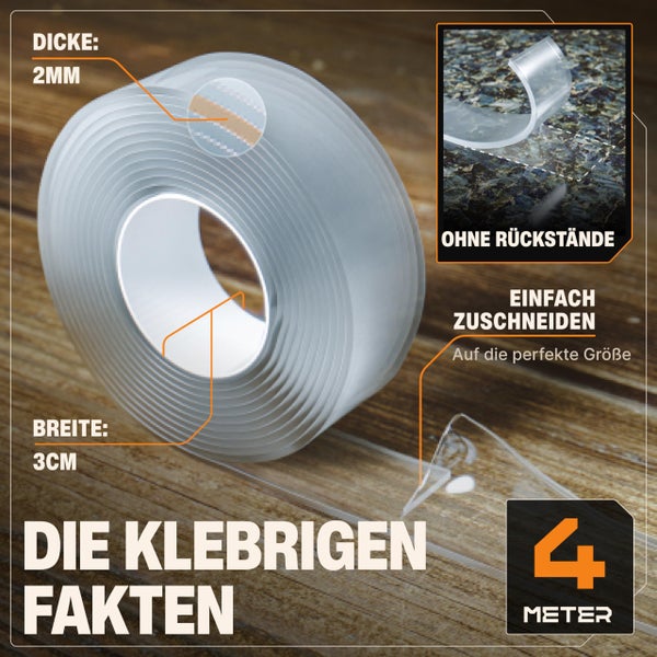 BAURIX® Nano-Tape Doppelseitig [4m] I Doppelseitiges Klebeband Extra Stark I Waschbares Alien Silikon Nano-Klebeband Transparent