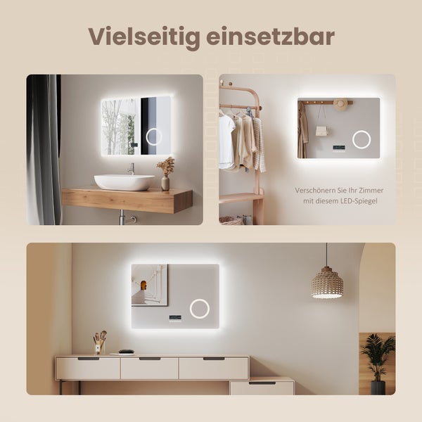 EMKE Badspiegel mit Beleuchtung 80 x 60 cm, LED-Spiegel mit Touchschalter, Badsiegel mit Bluetooth, Anti-Beschlag, 3-fache Vergrößerung, Kaltweiß