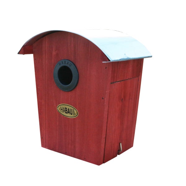 Nistkasten aus Holz mit Metalldach und Habau Logo