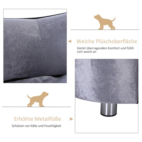 PawHut Hundesofa Luxus Haustiersofa mit Kissen Katzensofa erhöhtes Hundebett<br />Hundecouch Tierbett Plüsch Tannenholz Hellgrau 69 x 49 x 38 cm