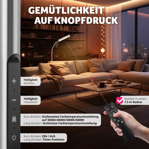 Wohnzimmer mit dimmbarer Stehlampe, bedienbar per Fernbedienung