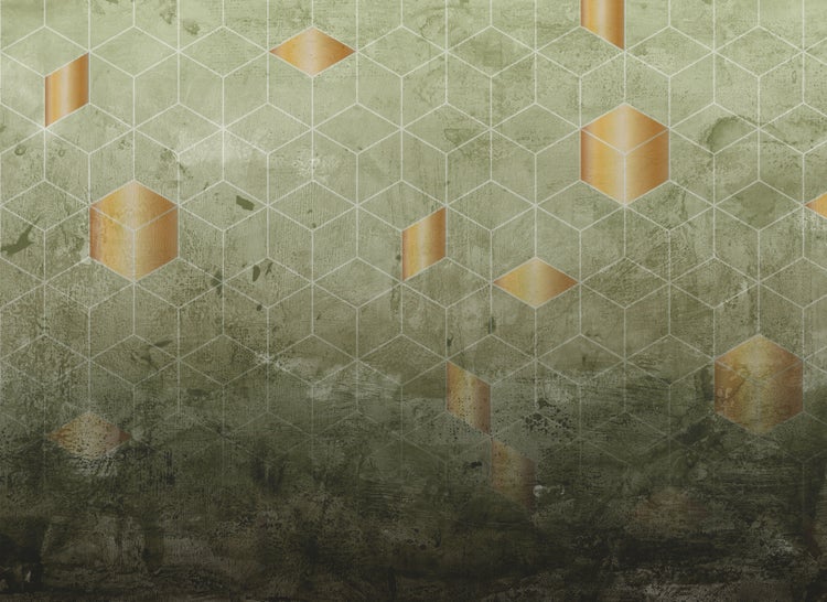 Vliestapete mit geometrischem Sechseck-Muster und goldfarbenen Akzenten auf einem strukturierten Hintergrund in Betonoptik.