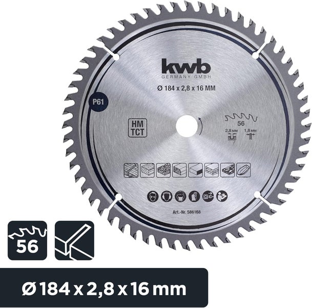 kwb Kreissägeblatt 184 x 16 mm, sehr feiner Schnitt, Sägeblatt geeignet für Arbeitsplatten, Holz und beschichtete Platten
