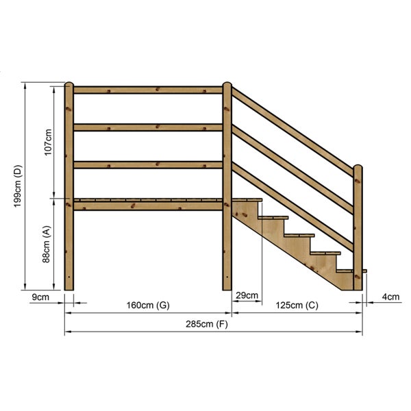 Technische Zeichnung einer Holztreppe mit Maßangaben.