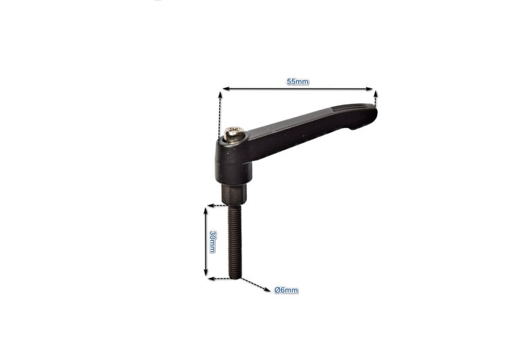 Verstellbarer Klemmhebel mit 55 Millimeter Hebellänge und 30 Millimeter Gewindestift mit 6 Millimeter Durchmesser.