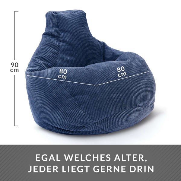 Green Bean Sitzsack mit Rückenlehne 80x80x90cm - Gaming Chair mit 230L Füllung Cordstoff - Bean Bag Bodenkissen Lounge Sitzhocker Relax-Sessel Gamer Gamingstuhl Dunkelblau