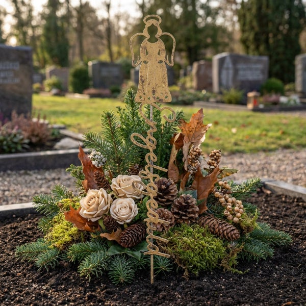 Grabgesteck mit Metallstecker Engel und der Aufschrift unvergessen dekoriert mit Tannenzweigen, Zapfen und künstlichen Rosen auf einem Friedhof