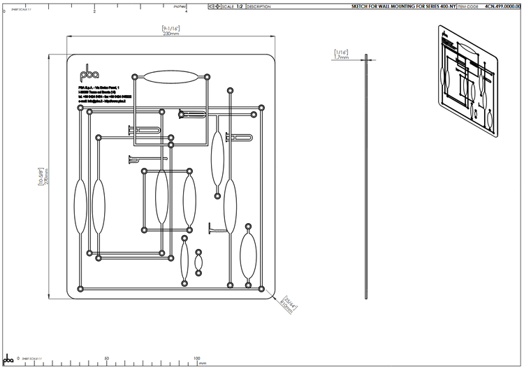 Technische Zeichnung zur Wandmontage der Serie 400-NY von pba. Maße: 230 Millimeter mal 270 Millimeter, Stärke 1,7 Millimeter.