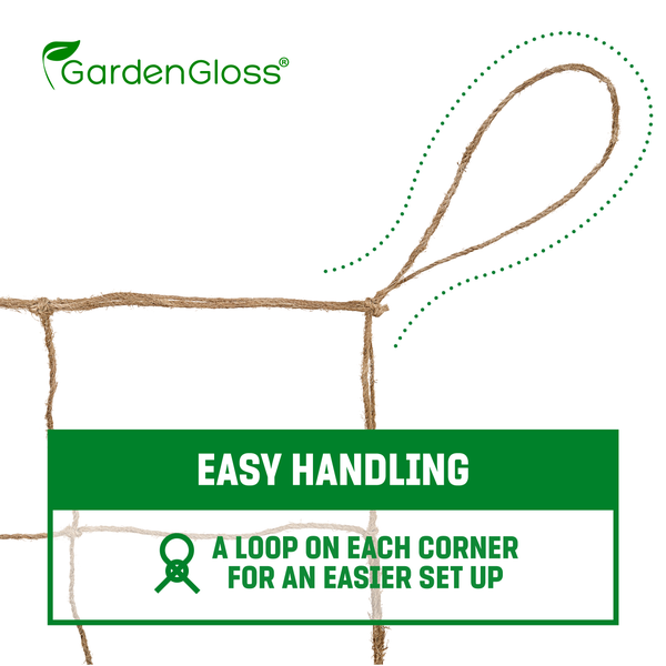 GardenGloss Jute Ranknetz Nachhaltig 100% Biologisch Abbaubar - Mit grosser Maschenweite für Gurken, Tomaten und Anderen Gemüsepflanzen - Rankhilfen für Kletterpflanzen (2m x 10m)