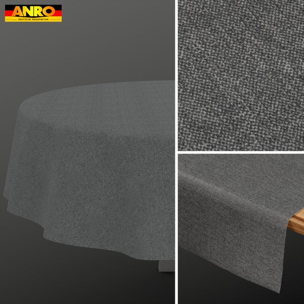 ANRO Deutsche Manufaktur Logo. Graue Tischdecke mit strukturierter Weboptik, Detailansicht des Stoffs und auf einem Tisch drapiert.