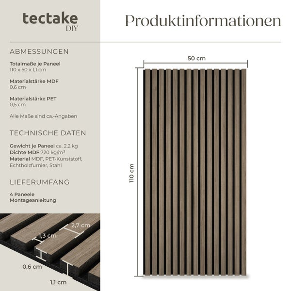 Produktinformationen für tectake DIY Akustikpaneele mit Maßen 110 mal 50 mal 1,1 Zentimeter, Materialangaben zu Holzfaserplatten und Kunststoff sowie Lieferumfang.