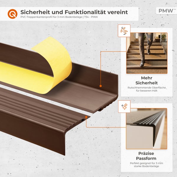PVC-Treppenkantenprofil selbstklebend für 3 Millimeter Bodenbeläge, rutschhemmende Oberfläche, Anwendung auf Treppenstufen, PMW Logo.