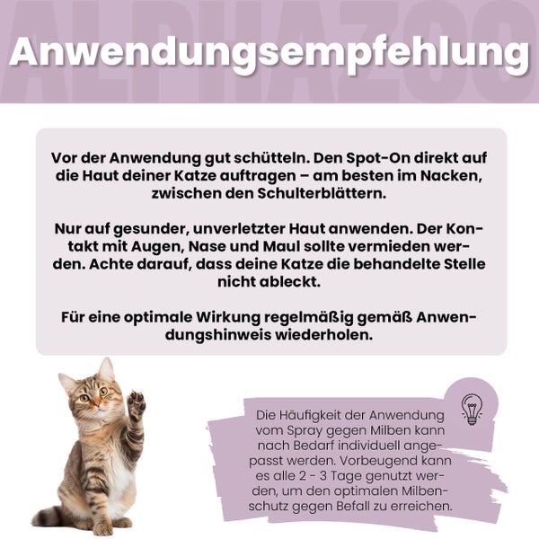 Anwendungsempfehlung für ein Mittel gegen Milben bei Katzen mit Hinweisen zur korrekten Anwendung.