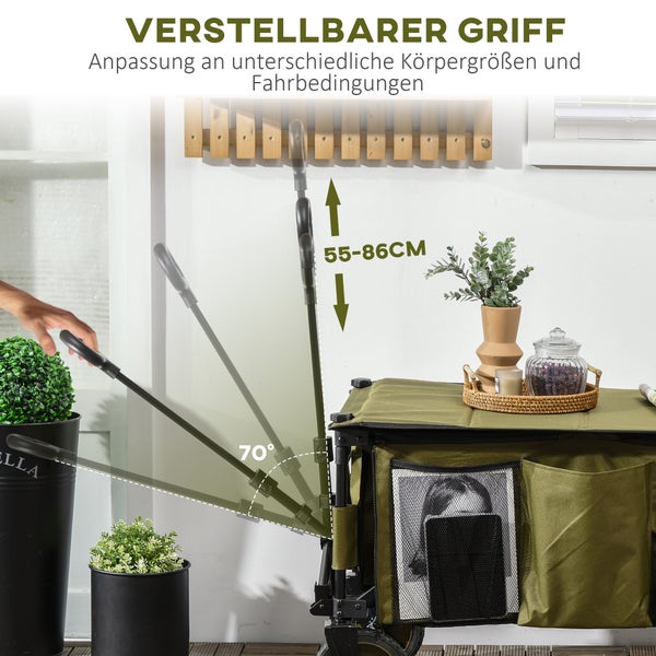 Outsunny Bollerwagen Faltbar, Handwagen mit Räder, Bremsen, Tragetasche, 125L Transportwagen bis 120kg belastbar, XXL Gerätewagen, Gartenwagen Gartenkarre für Strand Camping Einkaufen, Grün