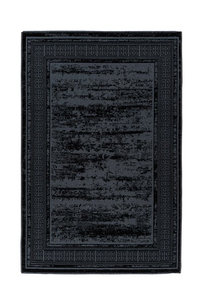 Rechteckiger dunkelgrauer Teppich mit Meander-Bordüre und gewebtem Vintage-Muster.