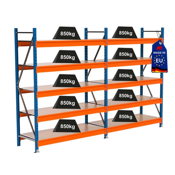 Lagerregal mit 850 Kilogramm Traglast pro Ebene und Herkunftssiegel Made in EU