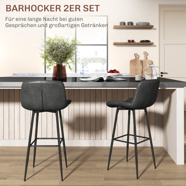 HOMCOM 2er-Set Barhocker, Bistrohocker mit Fußstütze, Drehbar Barstuhl mit Stahlbeine, Küchenstuhl mit Rückenlehne, Kunstleder,  für Wohnzimmer, Esszimmer, Dunkelgrau