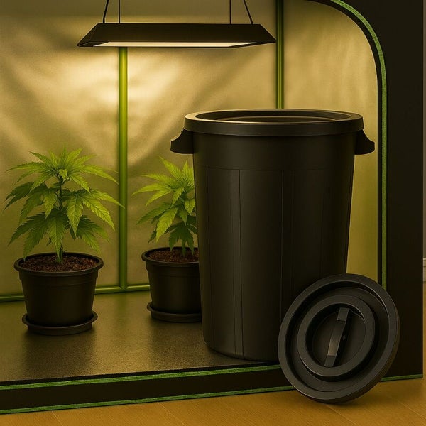 Ein Innenraum-Anbauset in einem Growzelt mit einer großen schwarzen Kunststofftonne, zwei Topfpflanzen und einer hängenden Pflanzenlampe.