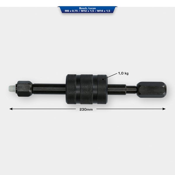 Glühkerzen-Auszieher mit den Maßen M8 x 0,75, M12 x 1,5 und M14 x 1,5, Länge 230 mm, Gewicht 1,0 kg