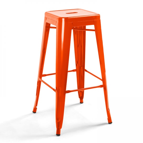 Barhocker aus Metall in Orange mit Fußstütze.