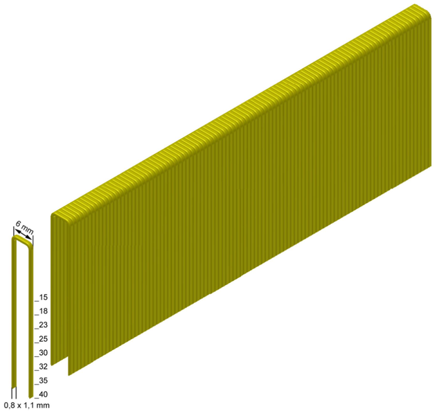 Goldfarbene Schmalrückenklammern für Tacker mit einer Breite von 6 Millimetern und einer Drahtstärke von 0,8 mal 1,1 Millimetern.