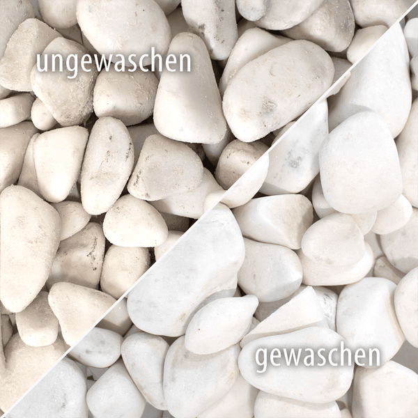 Vergleich von Carrara Marmorkieseln im ungewaschenen und gewaschenen Zustand.