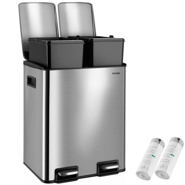 Tectake Mülltrennsystem mit zwei Fächern und zwei Trittpedalen aus Edelstahl inklusive zwei Rollen Müllbeutel