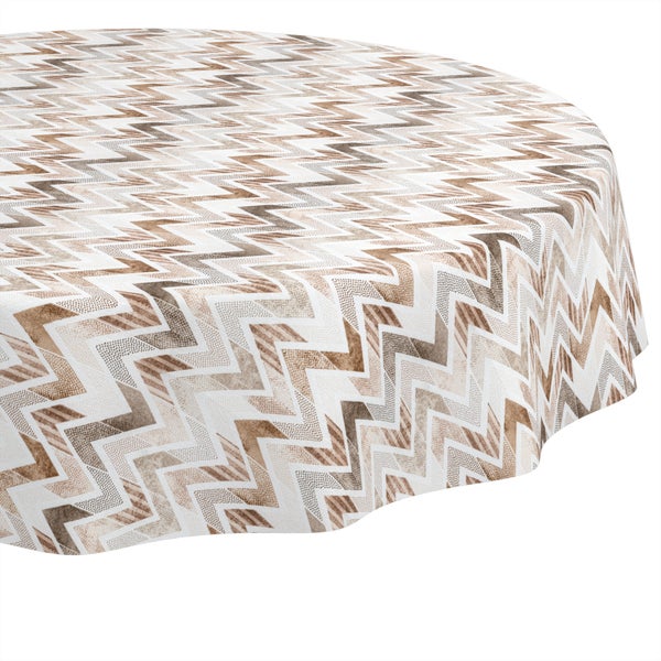 Runde Tischdecke mit Zickzack-Muster in Braun und Beige.