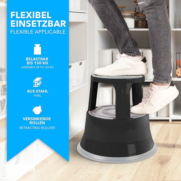 FLOORDIREKT Rollhocker - Elefantenfuß - aus Stahl - Mobiler Tritthocker - Sitzmöglichkeit für Büro und Gewerbe - Schwarz