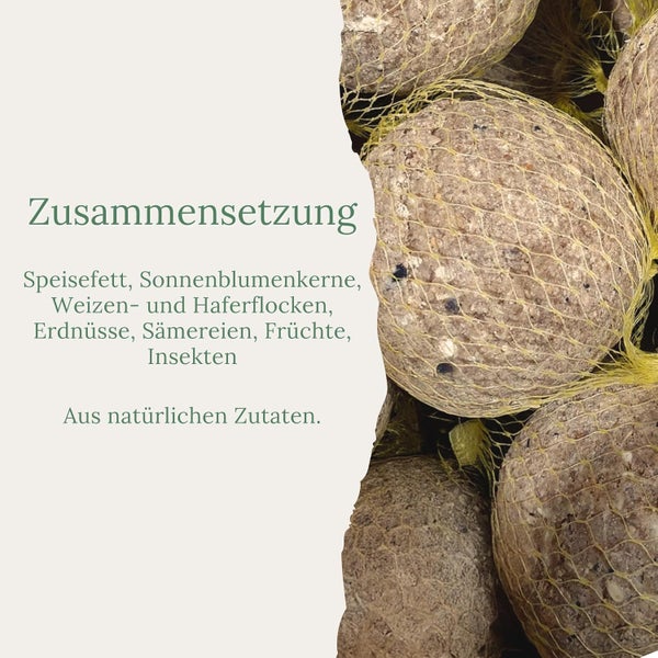 Zusammensetzung von Vogelfutter mit Speisefett, Sonnenblumenkernen, Weizen- und Haferflocken, Erdnüssen, Sämereien, Früchten und Insekten aus natürlichen Zutaten.