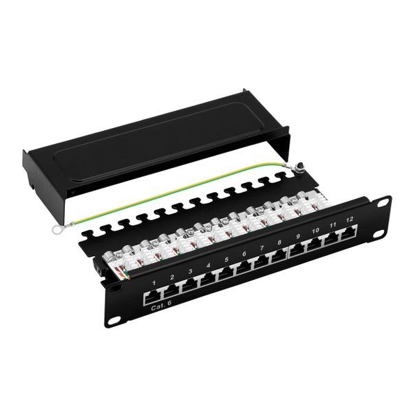 ProfiPatch Patchpanel Patchfeld Cat.6 10 Zoll 12-Port geschirmt RJ45 Rackeinbau 1HE schwarz