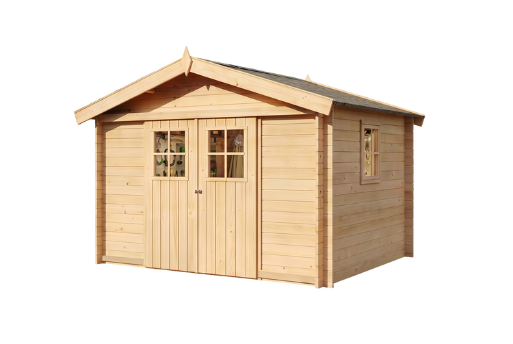 Gartenhaus aus Holz mit Satteldach, Doppeltür mit Fensterausschnitten und einem Seitenfenster.