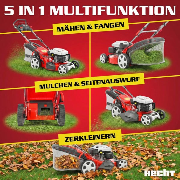 Multifunktions-Rasenmäher mit verschiedenen Mähfunktionen in einer Collage dargestellt