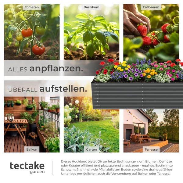 Collage eines grauen tectake garden Hochbeets aus Wellblech mit Blumen, Tomaten, Basilikum und Erdbeeren für Garten, Balkon und Terrasse.