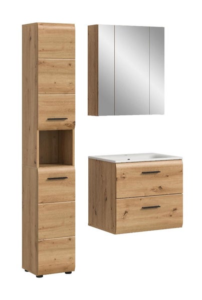 Badezimmermöbel Set in Eiche Optik mit Hochschrank, Spiegelschrank und Waschbeckenunterschrank inklusive weißem Waschbecken und schwarzen Griffen.