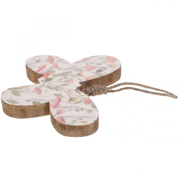 Dekorative Holzfigur in Schmetterlingsform mit Blumenmuster und Kordelaufhängung