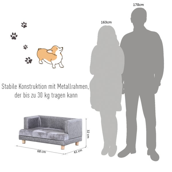 PawHut Hundesofa, Haustiersofa, Hundebett, Hundematte, Kunstleder, Kurzplüsch, Grau, 68 x 41 x 32 cm
